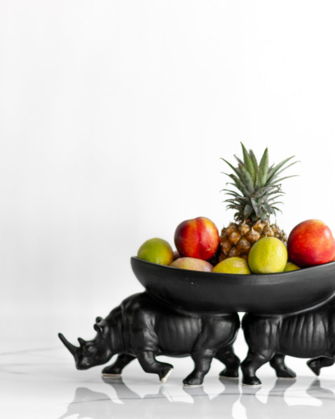 Fruit bowl with rhinoceros design on a white background