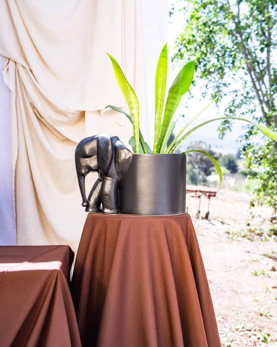 Potted plant with an elephant ornament on a brown table outdoors.