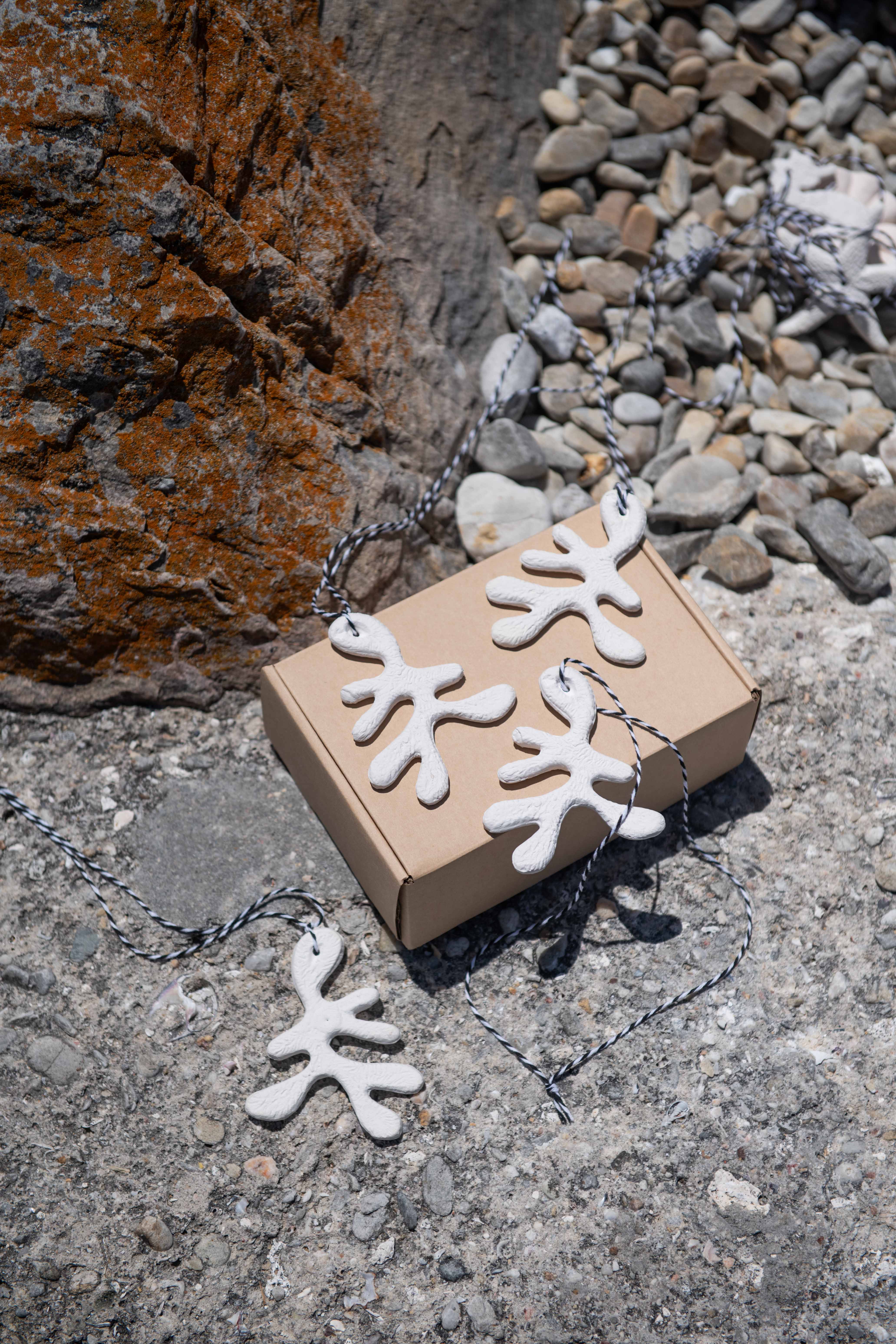 White coral-like necklaces on a cardboard box on a rocky surface