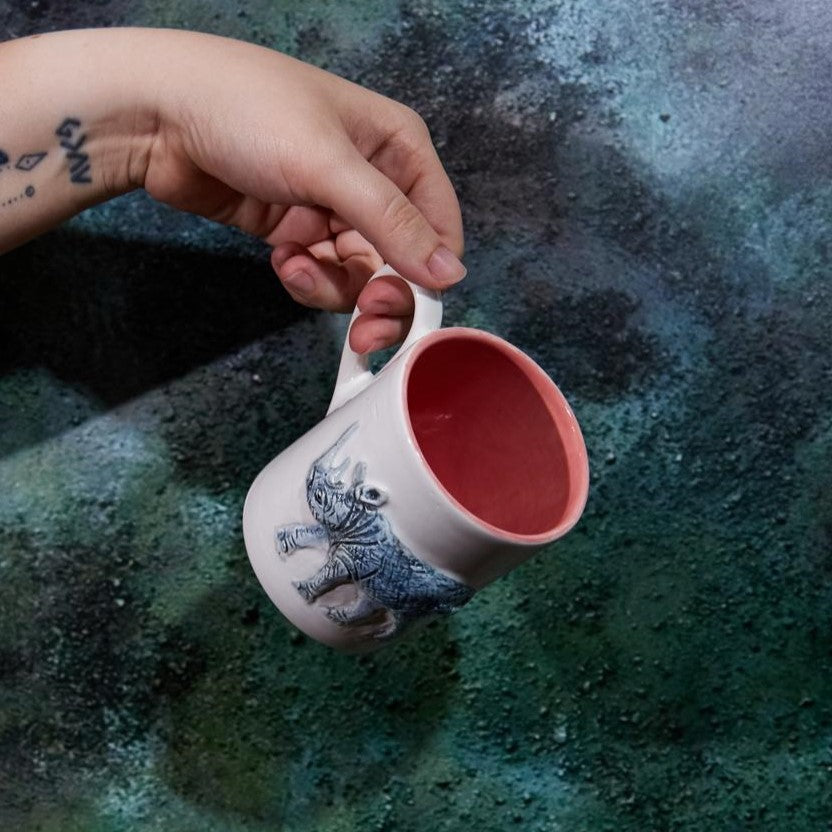 HANDPAINTED RHINO MUG-INSIDE PINK-HAND PAINTED-
