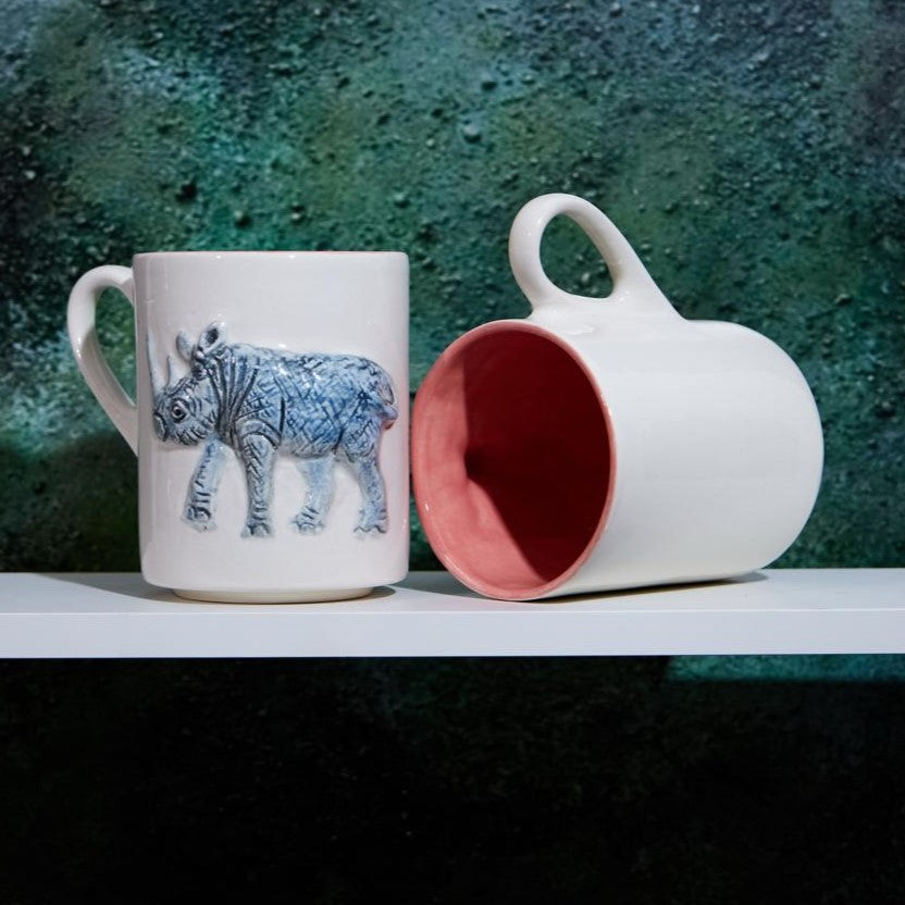 HANDPAINTED RHINO MUG-INSIDE PINK-HAND PAINTED-