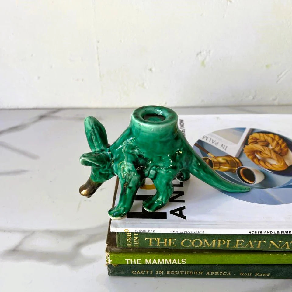 Emerald Green with black stripes ceramic Aarvark candle holder made by Rialheim