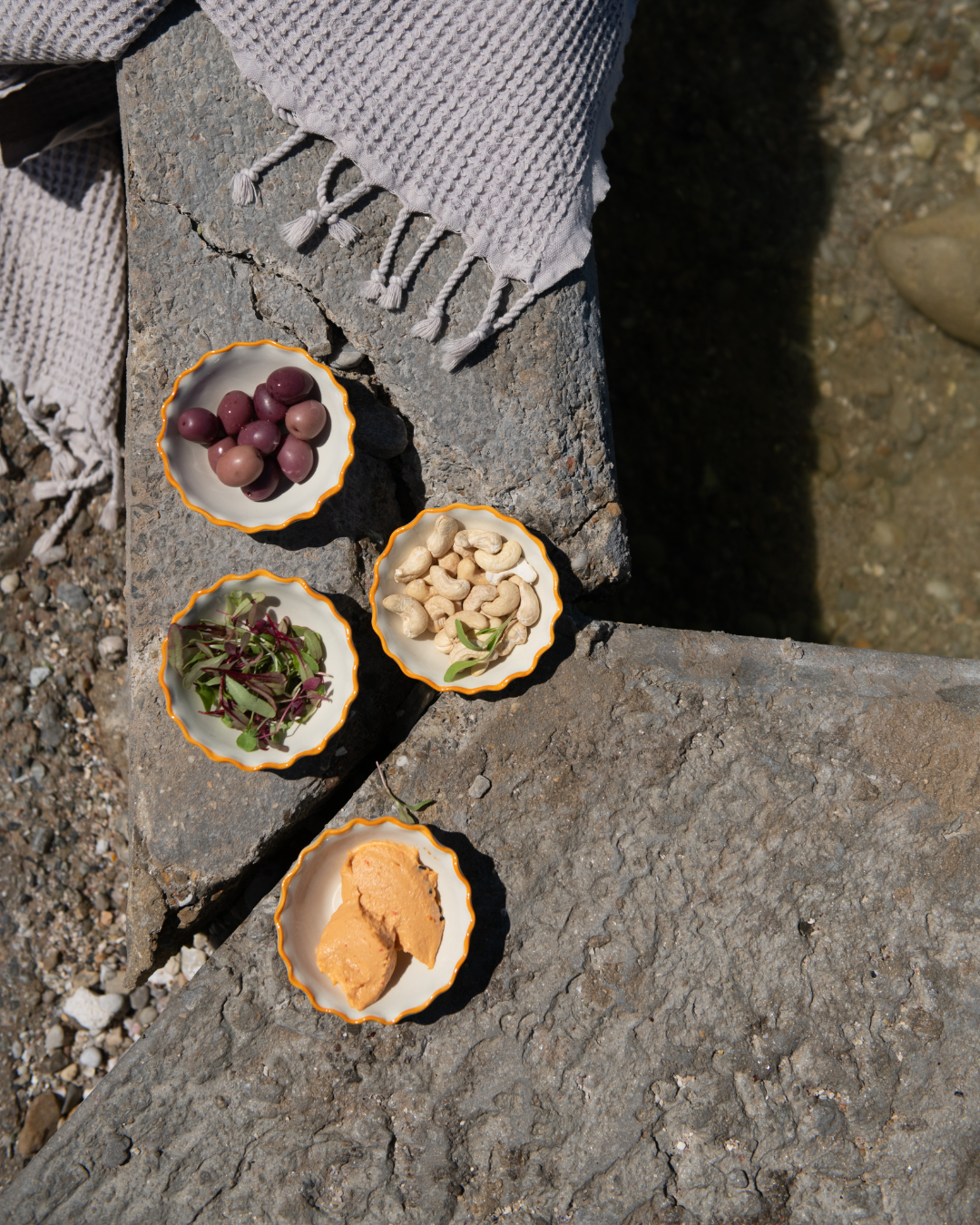 Four shell-like containers with different contents on a stone surface