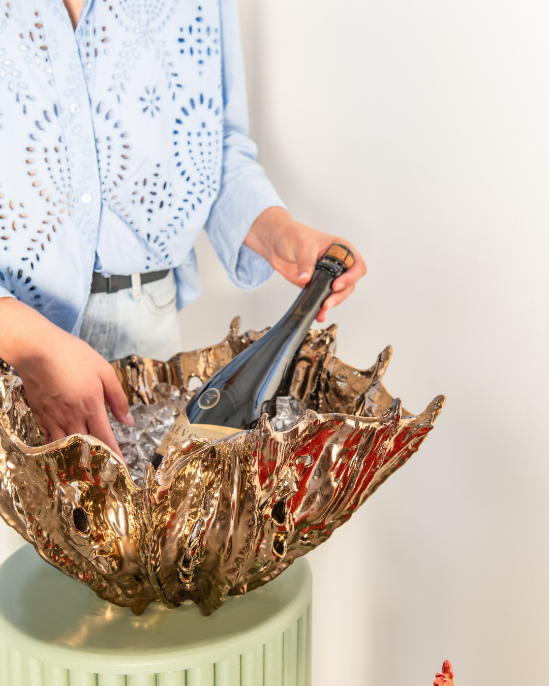 Person holding a decorative metallic bowl with a white background