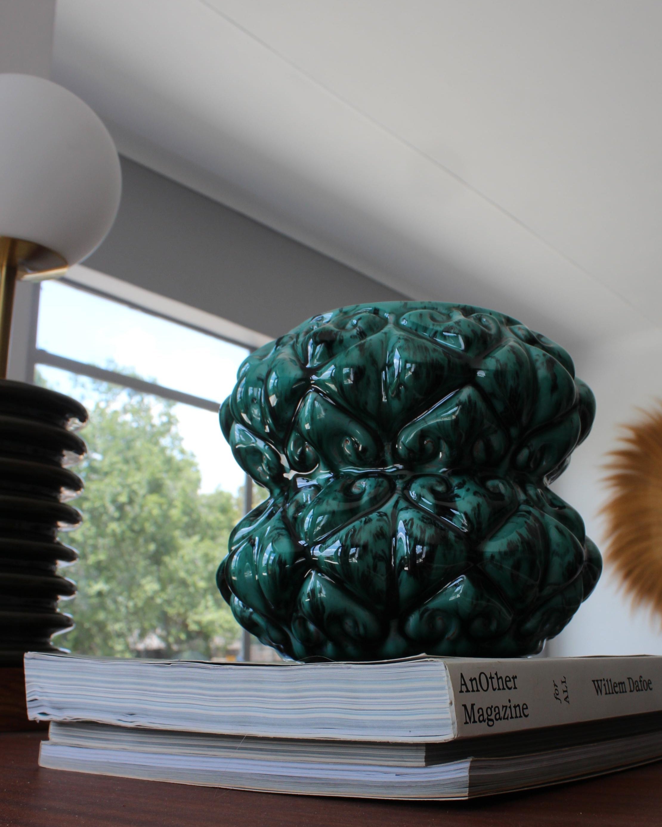 Rialheim Ceramic Planter baroque pattern in emerald green glaze