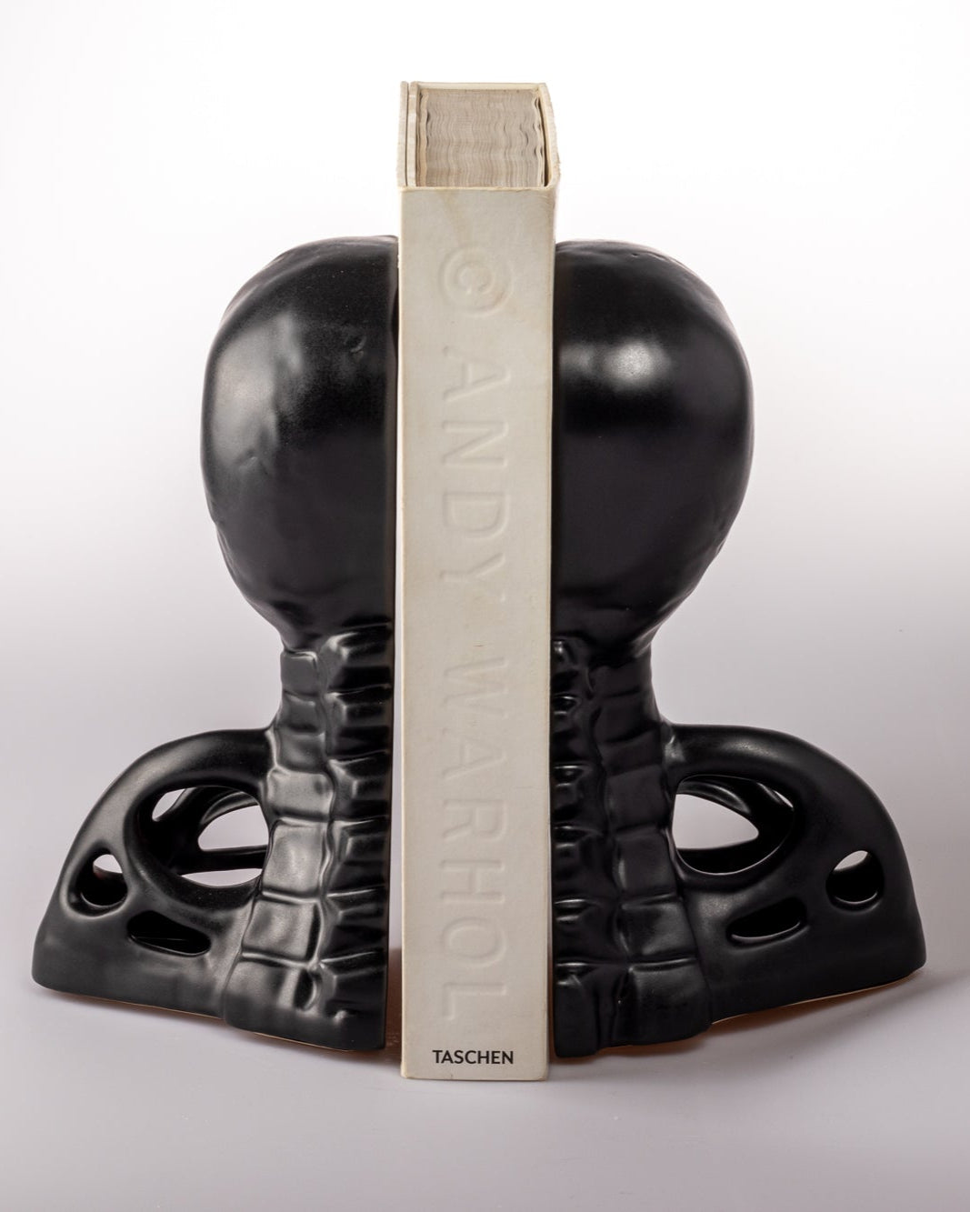 Black human skull and spine bookends with a book titled andy wharhol on a white background