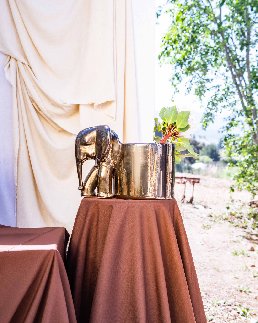 Gold elephant-shaped ice bucket on a brown tablecloth with a blurred outdoor background