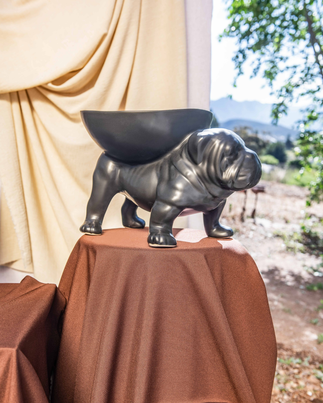 Decorative bulldog-shaped planter on a table with a natural outdoor background