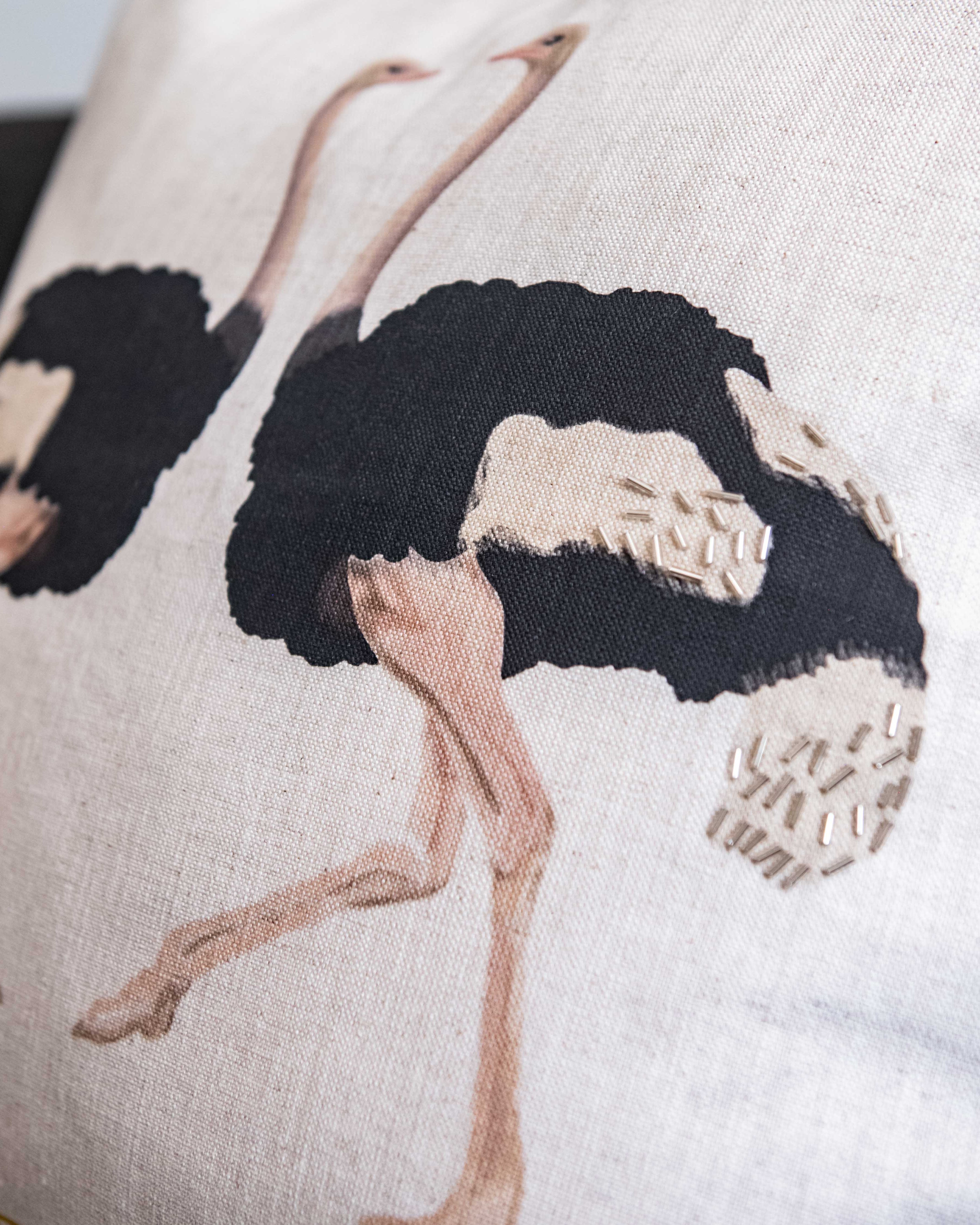 Close up of ostrich printed scatters with beadwork on the surface