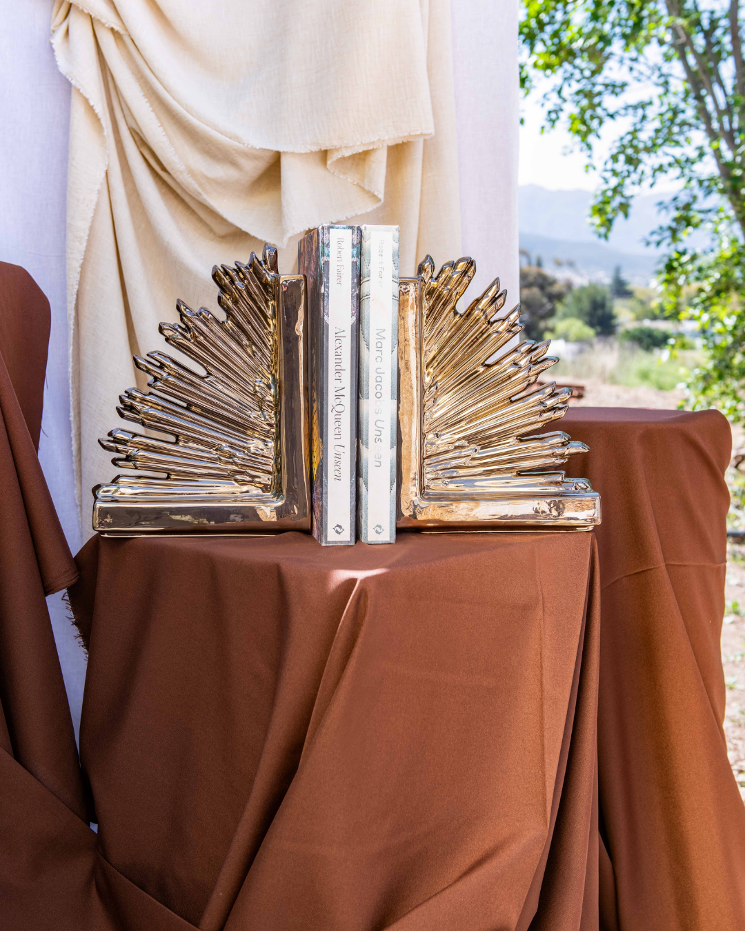 Bronze spikey book end in the shape of a gothic crown, with books on a brown cloth with nature 