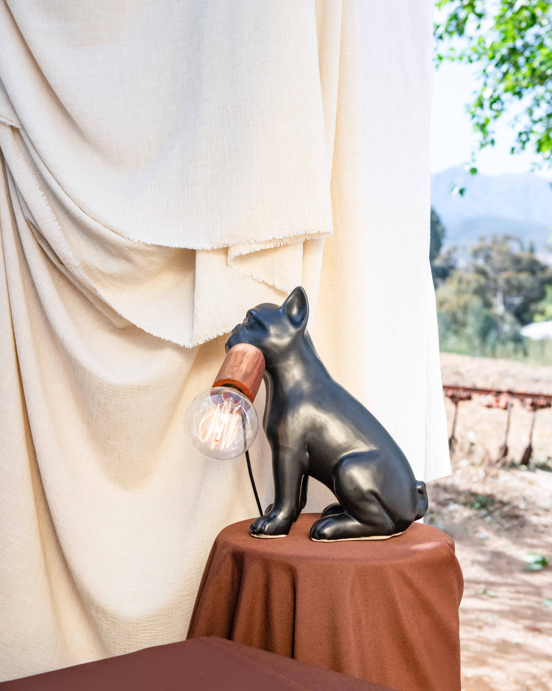 Black French Bull Dog statue with a wooden light fitting on a brown surface outdoors