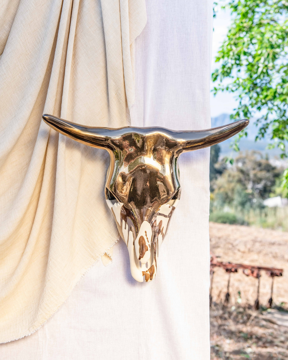 Decorative bull skull wall art with a blurred outdoor background