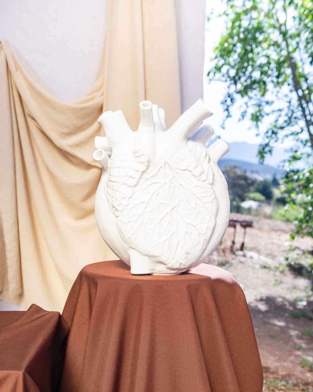 White ceramic heart-shaped vase on a brown surface with a blurred outdoor background