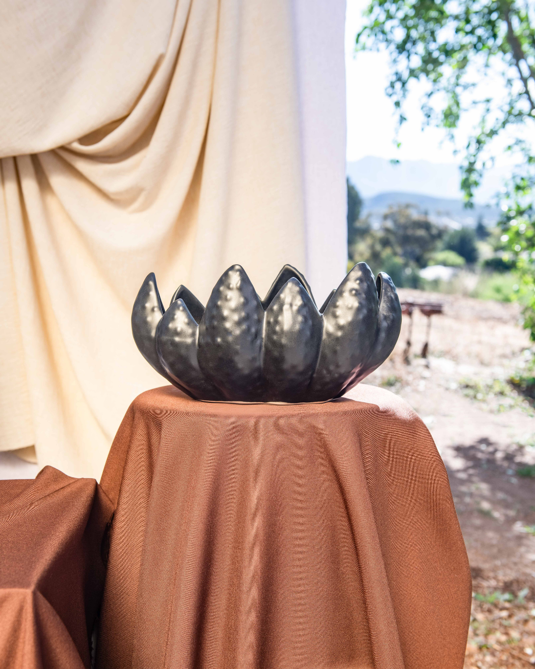 Decorative black vase on a brown stand with a beige curtain and outdoor scenery in the background