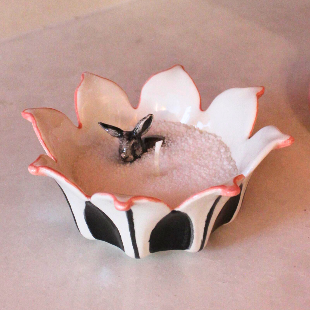 Sand wax candle vessel of RIverine Rabbit handpainted in Rialheim Ceramics