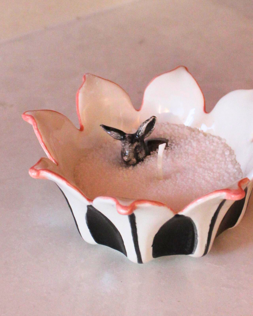 Sand wax candle vessel of RIverine Rabbit handpainted in Rialheim Ceramics