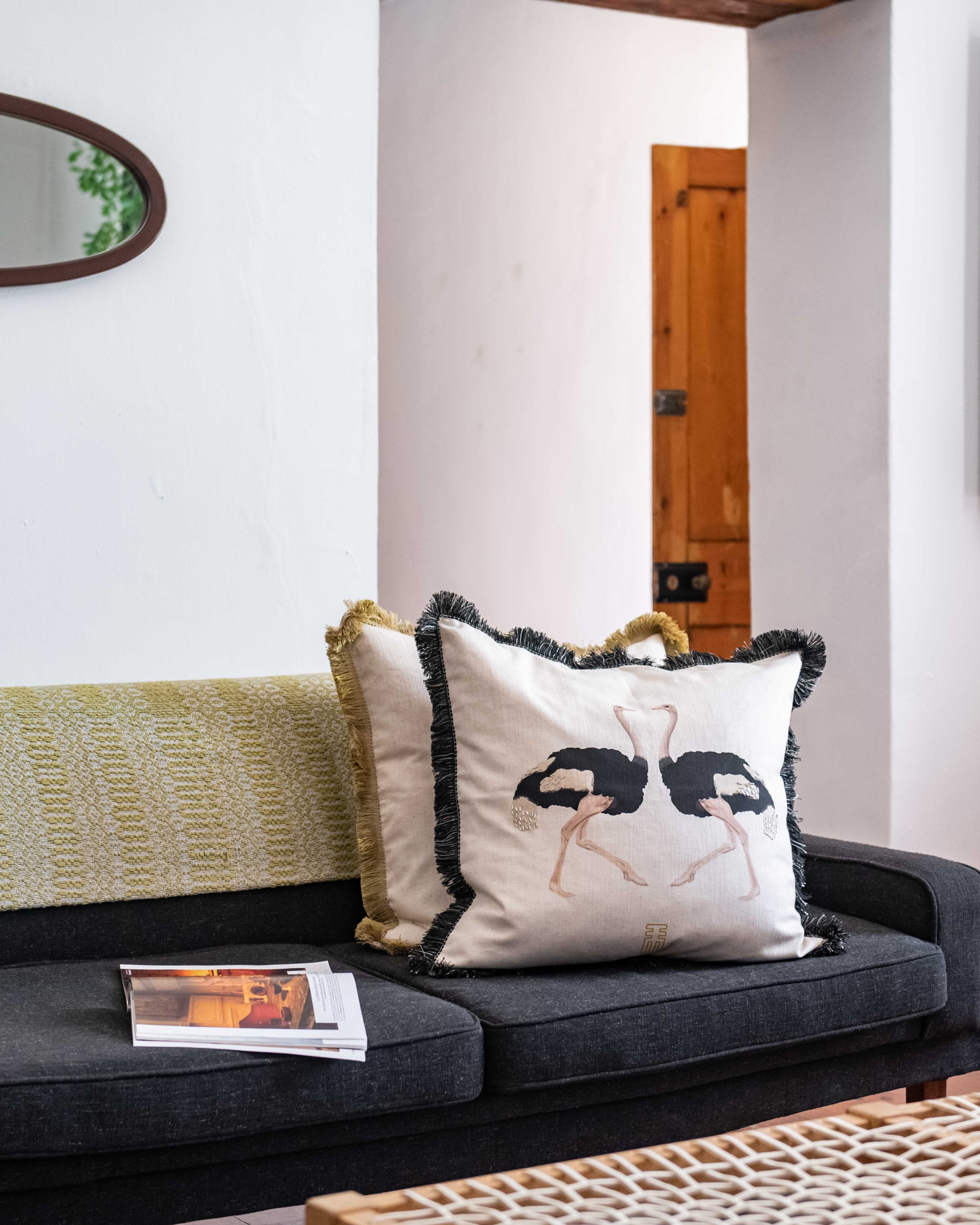 Rialheim ostrich printed on scatter pillows in a modern farm room