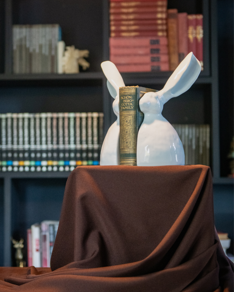 A Riverine Rabbit Book end in white  figurines on a brown cloth with a bookshelf in the background