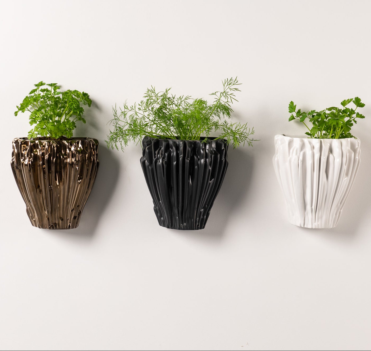 3 wall planters in bronze and black and white with plants in them