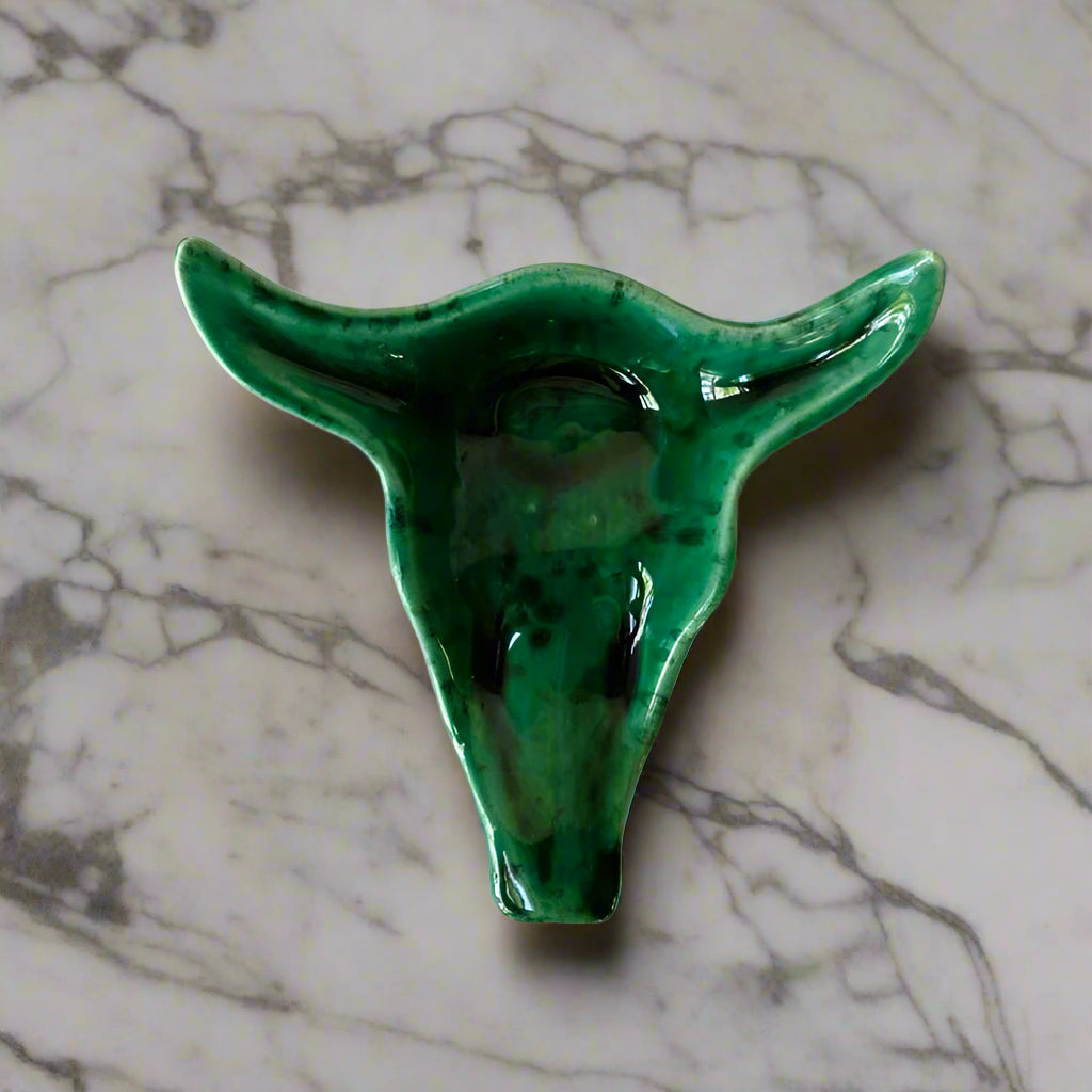rIALHEIM CERAMIC COW SKULL CERAMIC TEA SPOONHOLDER IN EMERALD GREEN GLAZE