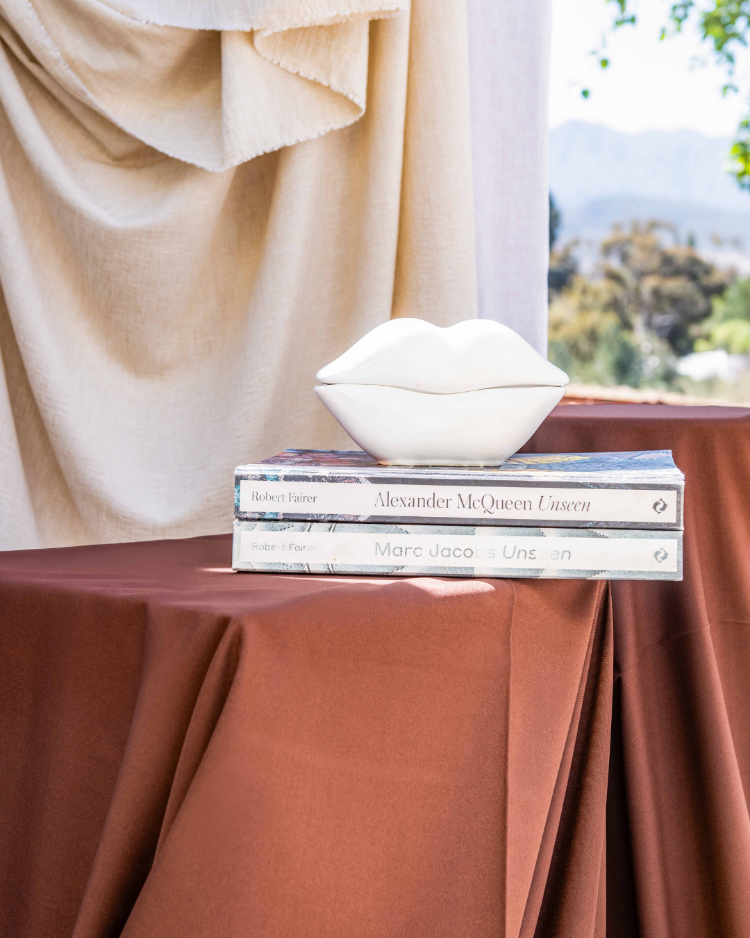 Stack of books on a table with a Lips decorative bowl, draped fabric, and outdoor view.