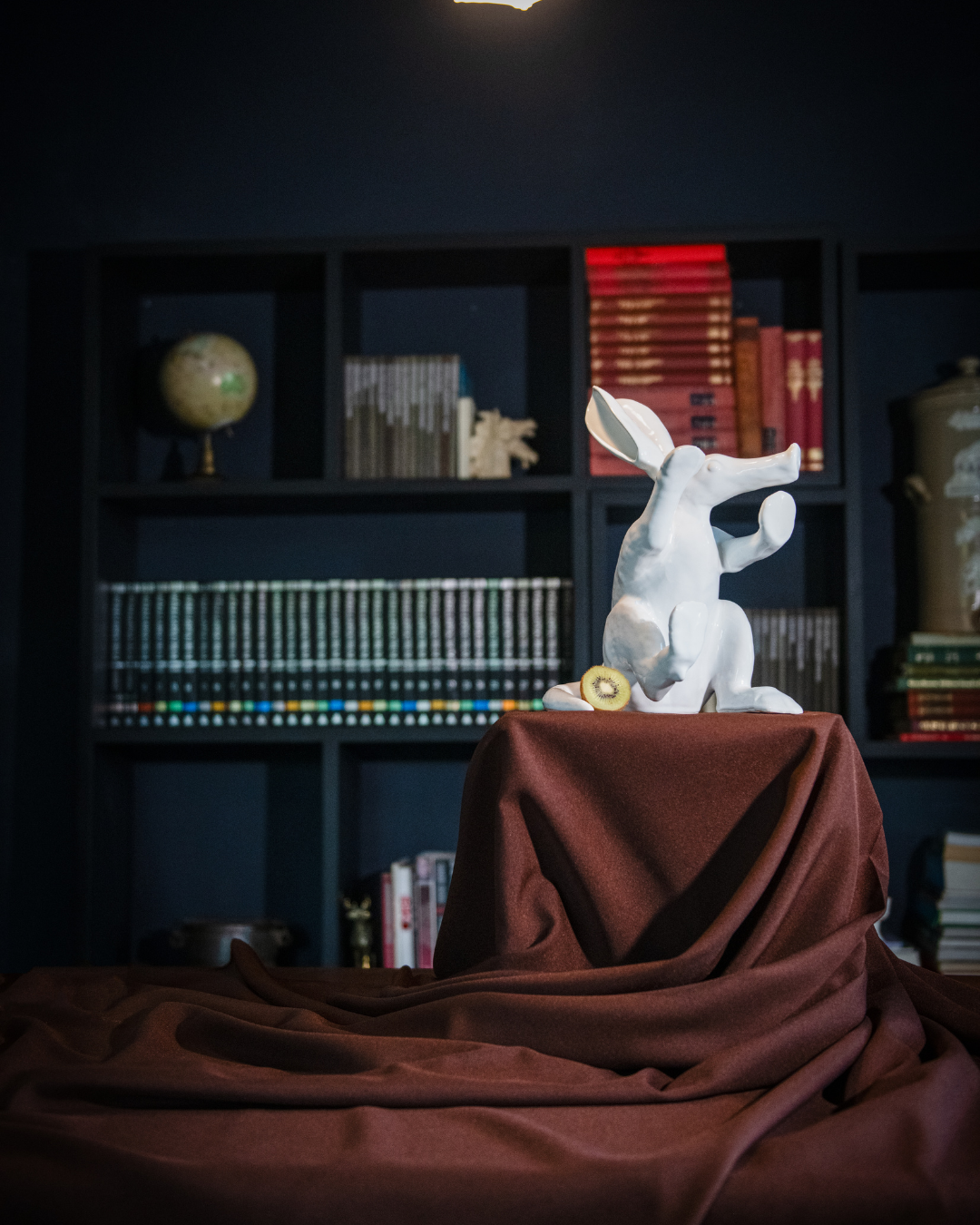White Aardvark figurine on a brown cloth with a dark bookshelf background