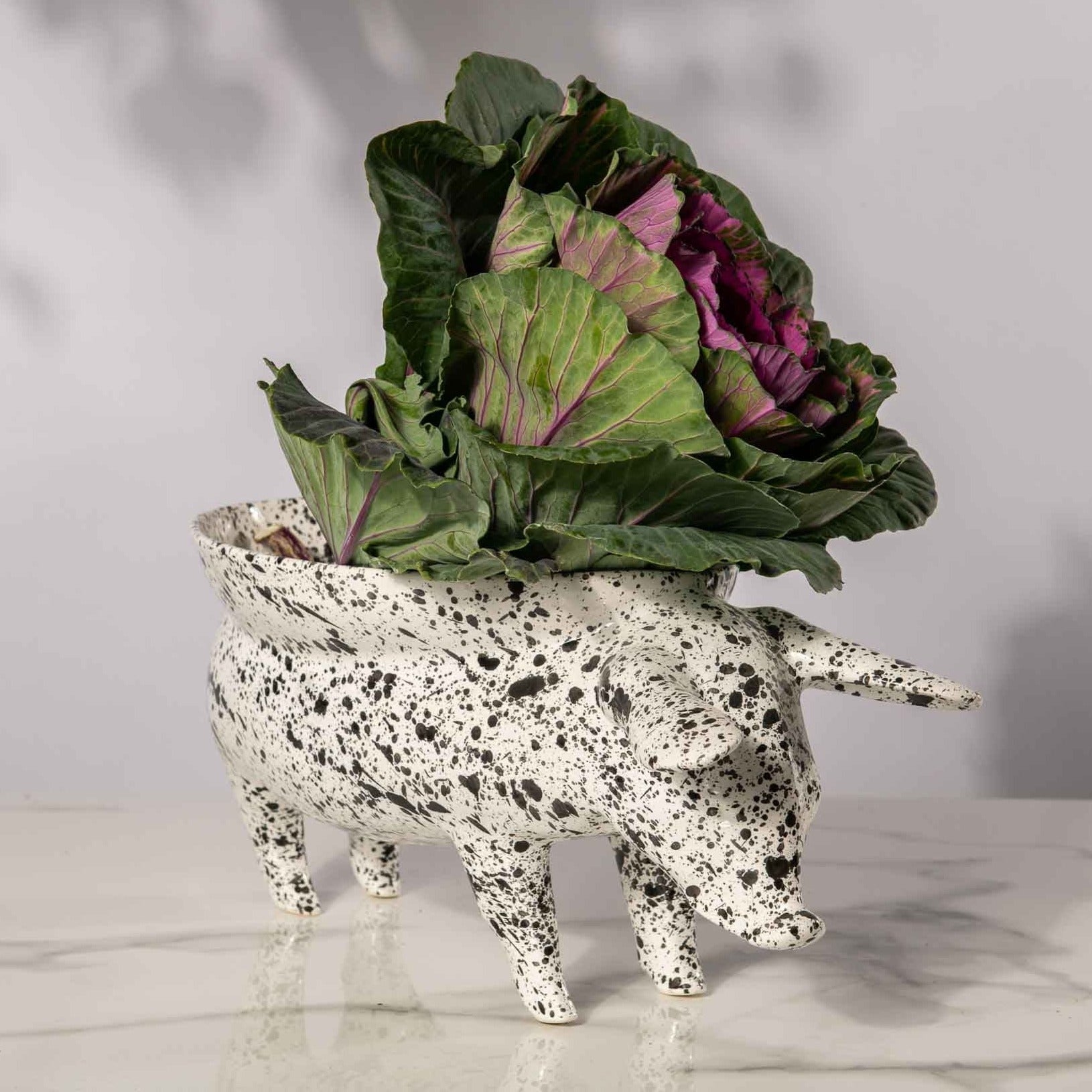 A white ceramic fruit bowl shaped like a pig, with intricate details and a curved body, perfect for displaying fresh fruit or using as a unique centerpiece in any kitchen or dining room.